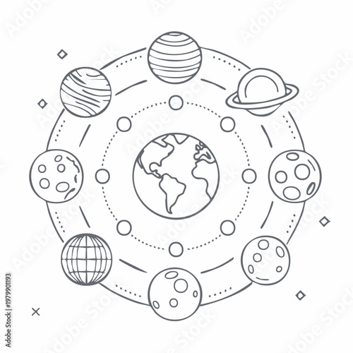 Illustration of Earth and planets orbiting in solar system.