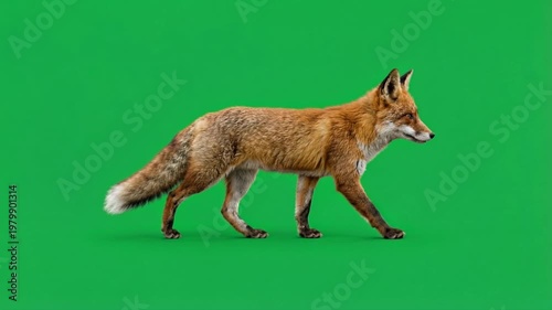 A Red Fox Walking Across a Solid Green Screen Background for Chroma Key Compositing in Post Production Projects