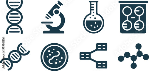 Science and laboratory icons featuring genetic strands microscope research flask molecules and various clinical analysis tools