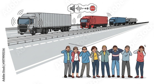 Trucks on Highway Causing Noise Pollution Affecting People.