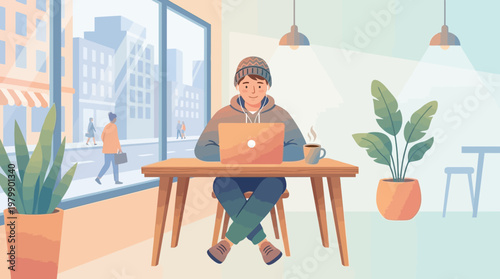 Casual Freelancer at Cafe Table with Laptop and Coffee Flat Design