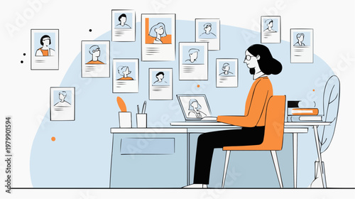 Flat vector illustration of an HR manager reviewing candidate profiles on a wall and laptop, suitable for recruitment agencies or business presentations.