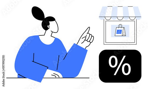 E-commerce, retail offers, discounts, customer engagement, sales events, business marketing. Woman pointing to a storefront and a discount sign. E-commerce and retail offers