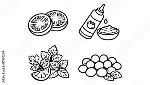 Fresh Ingredients and Condiments Doodle Set – Herbs, Citrus, Berries and Sauce Illustration Collection