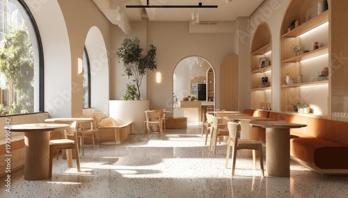 Modern Cafe Interior with Natural Light and Warm Ambiance.