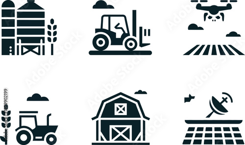 Modern agriculture technology icons featuring farm equipment machinery tractor drone barn and satellite communication systems set