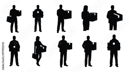 A collection of silhouetted figures mostly carrying cardboard boxes suggesting moving or delivery services high quality professional detailed modern elegant stylish