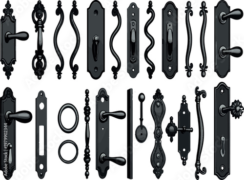 Slika na platnu Vintage door lever handle silhouette vector icons on transparent background