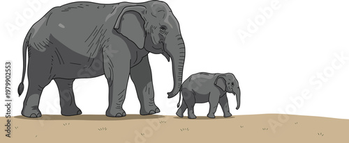 Mother and baby endangered African elephant walking together in savanna.