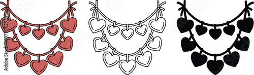 Featuring hanging heart garland silhouette & Outline and illustration set isolated on transparent background