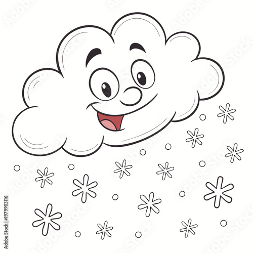 Cartoon Cloud Face, Smiling Fluffy Clouds, Snowflakes Falling, Black and White Vector Illustration