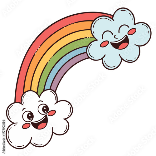 Smiling cartoon rainbow, colorful clouds, vector illustration, kids graphics, cheerful symbol