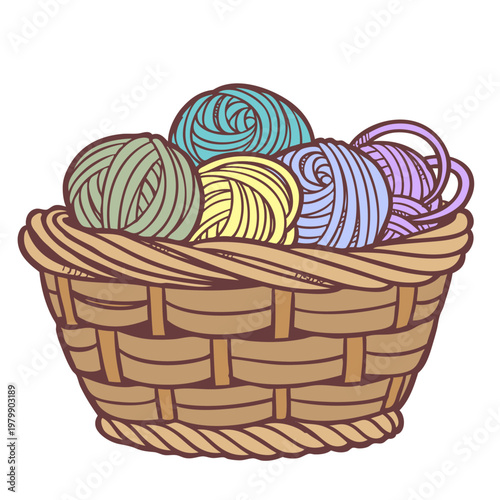 Craft basket with skeins of colored yarn for knitting