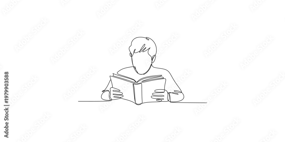 Fototapeta premium Continuous line drawing of a man reading a book with a cup of coffee person