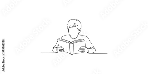 Continuous line drawing of a man reading a book with a cup of coffee person