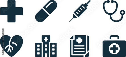 A collection of medical health icons featuring hospital equipment and essential clinical symbols for professional use