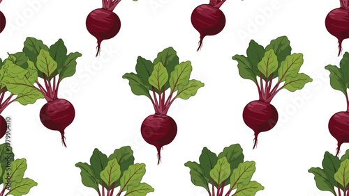 Seamless pattern of fresh red beetroots with green leaves displayed in a repeating layout on a clean white background for food design.