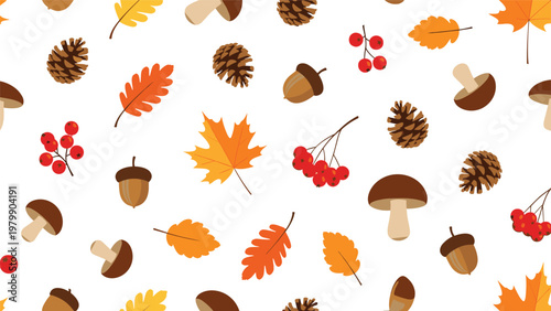 Autumn season pattern with oak and maple leaves, pinecones, acorns, mushrooms, and red berries scattered on a white background for fall.