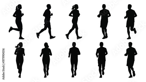 A collection of silhouetted figures predominantly running positioned in varying stances and suggesting movement and activity high quality professional detailed modern