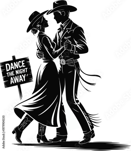 Romantic Cowboy Couple Dancing Western Nightlife Illustration