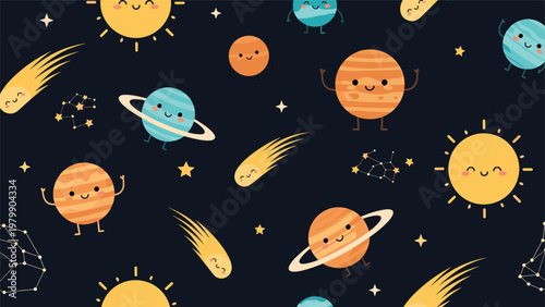 Whimsical outer space pattern with smiling planets, sun, comets, and stars on a dark navy blue background for a nursery or children's room.