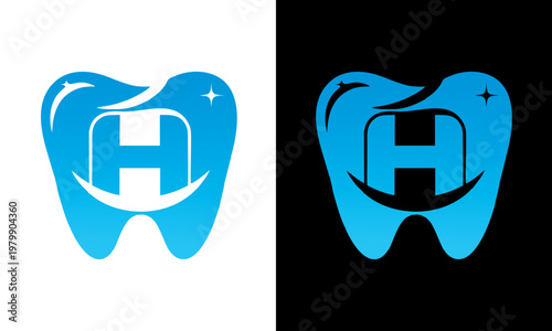 Tooth logo with letter H on white and black backgrounds