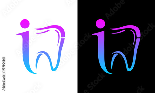 A stylized illustration of a person and tooth with gradient colors on white and black backgrounds.