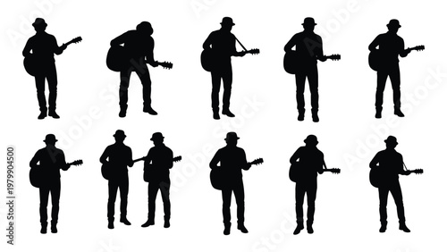 A collection of silhouetted musicians playing acoustic guitars arranged in two rows against a clean white background high quality professional detailed