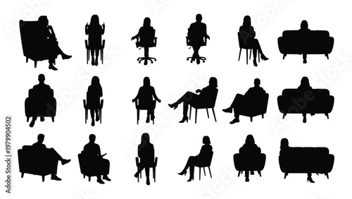 A collection of black silhouettes depicting various people seated in different chairs and on sofas arranged in a grid pattern