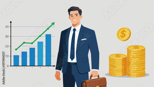 Businessman with growth chart and coins