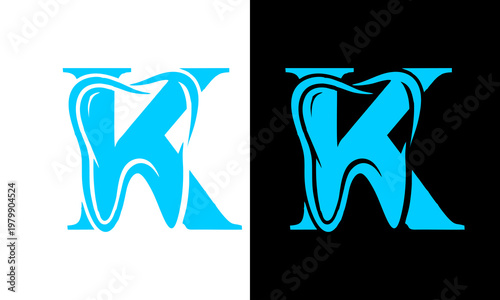 A stylized blue letter K merges with a tooth design on white and black backgrounds.