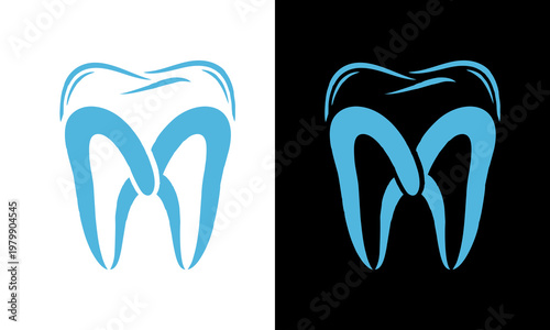 Illustration of a stylized tooth in blue on white and black backgrounds