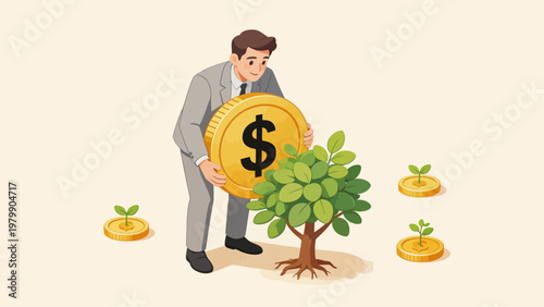 Businessman nurturing tree with giant coin