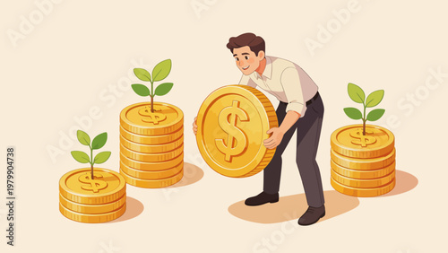 Man stacking coins with growing plants