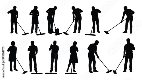 A collection of black silhouette figures depicting various people engaged in the act of sweeping and cleaning floors high quality professional