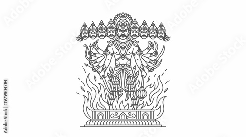 Ravana ten headed demon king of Lanka in Hindu mythology line art.