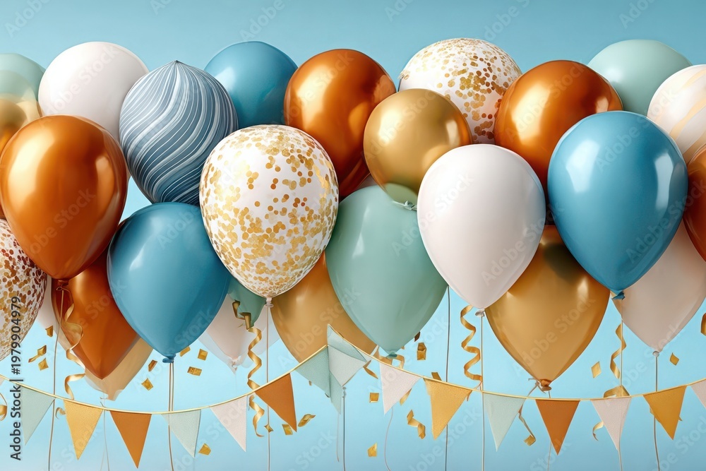 Fototapeta premium Festive gold and blue balloons with confetti and bunting for party celebration and events