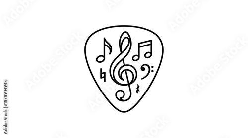 Music notes and clefs on a guitar pick outline.