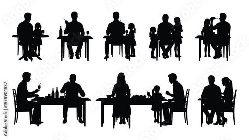 A collection of silhouetted families enjoying meals together at tables depicting various group sizes and interactions high quality professional detailed modern