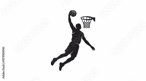 Dynamic silhouette of a basketball player performing a powerful dunk.