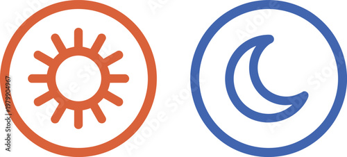 Orange sun and blue moon circular icons representing day and night weather conditions for mobile interface