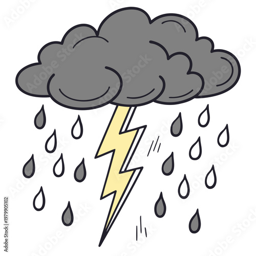 Cartoon storm cloud, rain, lightning bolt, weather icon, vector illustration