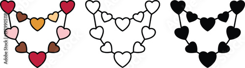 Featuring hanging heart garland silhouette & Outline and illustration set isolated on transparent background