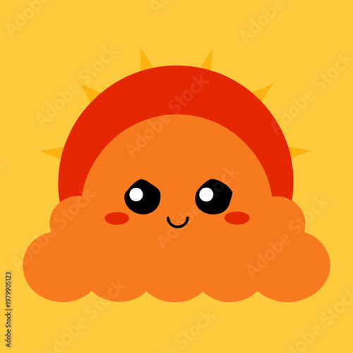 Cute sun cloud, smiling face, orange yellow, cartoon character, vector icon