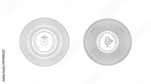 Stylized avocado and microphone icons on circular podcasting discs.