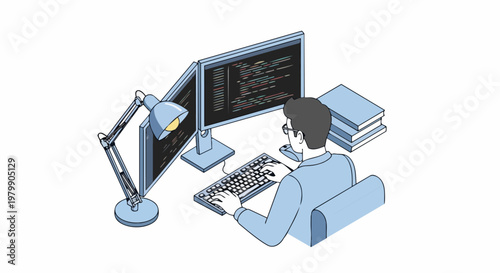 Programmer Working on Code at Desk with Dual Monitor Setup - Modern Vector Illustration of Software Developer, Web Development, and Information Technology Workspace