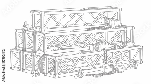 Detailed Line Art Illustration of Stacked Wooden Crates and Industrial Equipment.