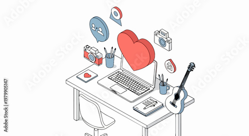 Isometric Creative Workspace Illustration with Laptop, Heart, and Social Media Icons for Content Creators