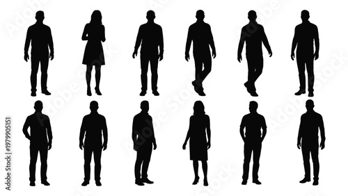 A collection of twelve black silhouettes depicting diverse people in various standing poses against a white background high quality professional detailed