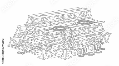Stack of metal trusses and stage equipment for event construction.